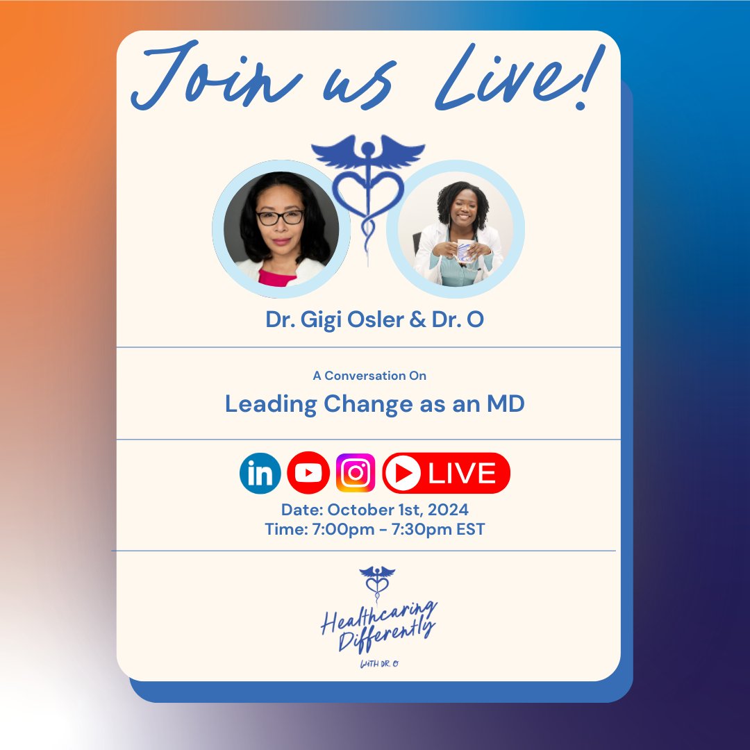 Join <a href="/DrONnorom/">Dr. Onye Nnorom</a> on Tues, Oct 1 @ 7 PM EST for Healthcaring Differently featuring <a href="/drgigiosler/">Senator F. Gigi Osler</a>! Live on LinkedIn, IG, or YouTube Live! 
#HealthcaringDifferently #Medtwitter #MedicalEducation #Premed #Healthcare #Medicine