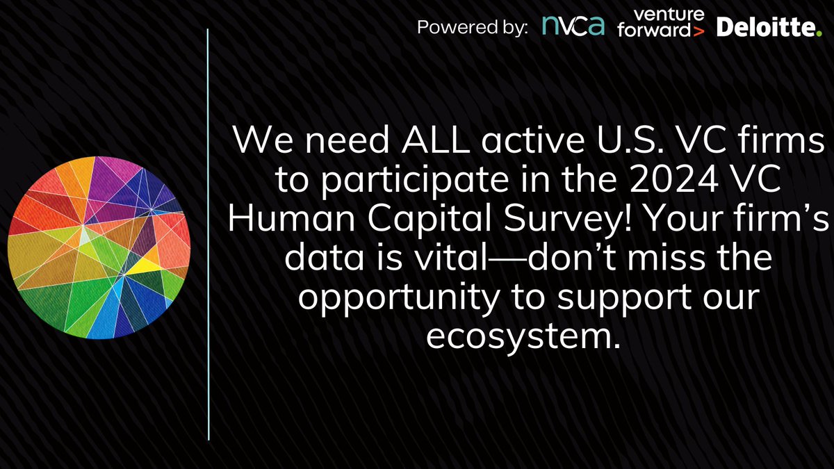 The deadline for U.S. VC firms to submit workforce demographics + talent management details to the 2024 VC Human Capital Survey is THIS Friday (9/27). 

Submit your data: ventureforward.org/programs-initi…