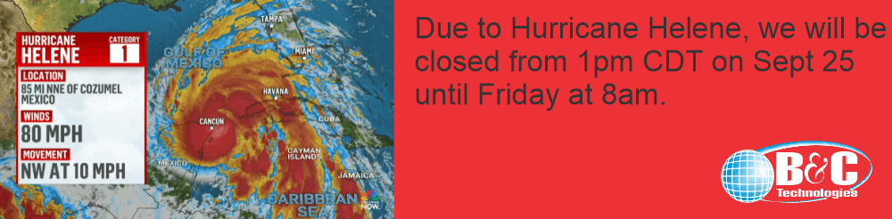 bandctech's tweet photo. B&amp;C Technologies will close today and tomorrow for Hurricane Helene - https://t.co/C6CL7YA5XL https://t.co/1RtSq5VxpE