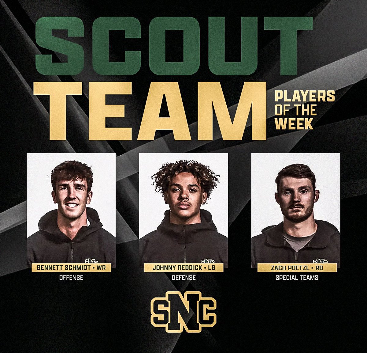 SCOUT TEAM PLAYERS OF THE WEEK VS AURORA 

Offense: WR - Bennett Schmidt
Defense: LB - Johnny Reddick
ST: RB - Zach Poetzl

🟢⚔️🟡
#GoGreenKnights l #GKC