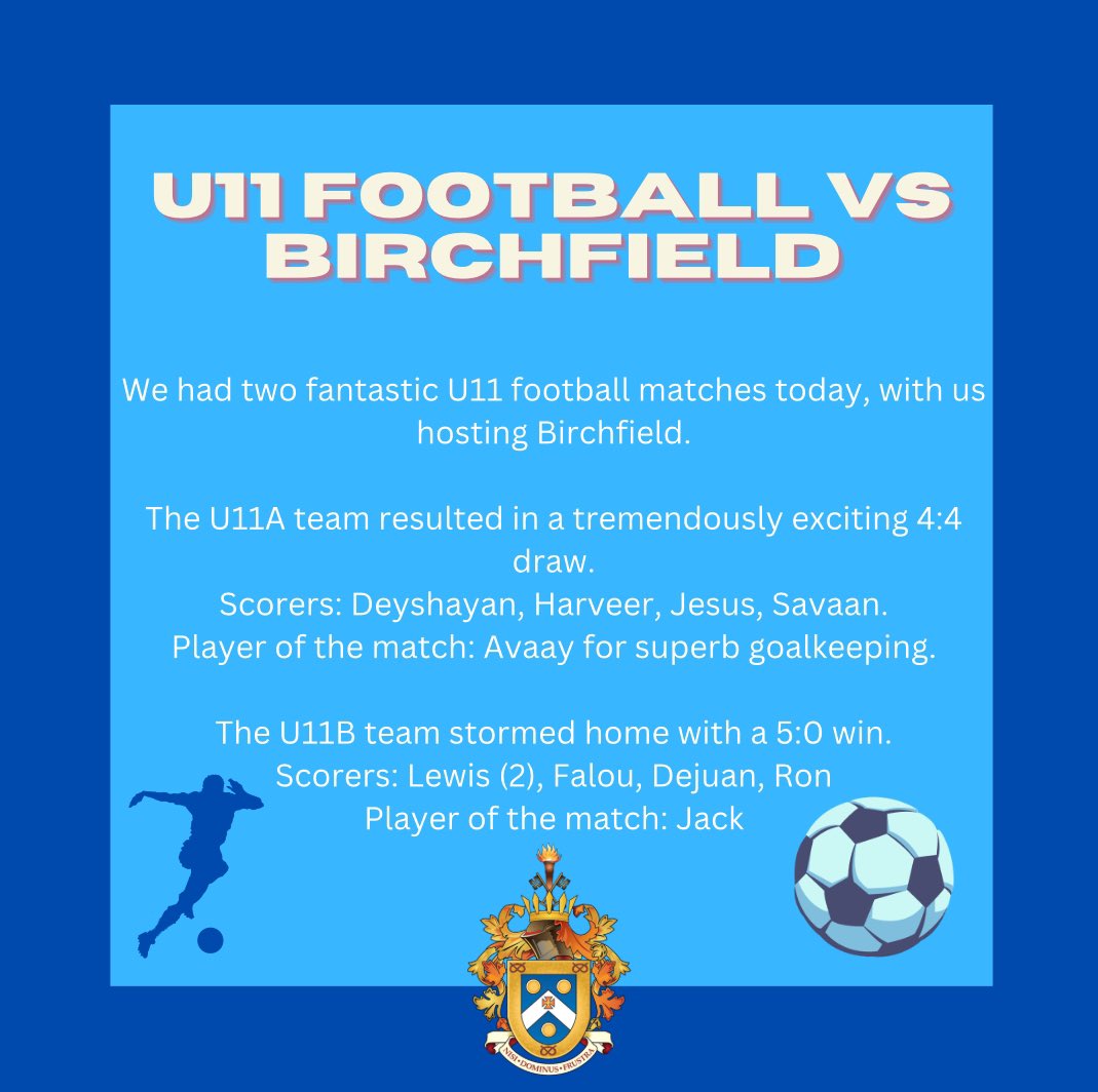 Well done to our U11A team and Birchfield for an amazing game today! A hard-fought draw with great teamwork and sportsmanship from both sides ⚽🤝