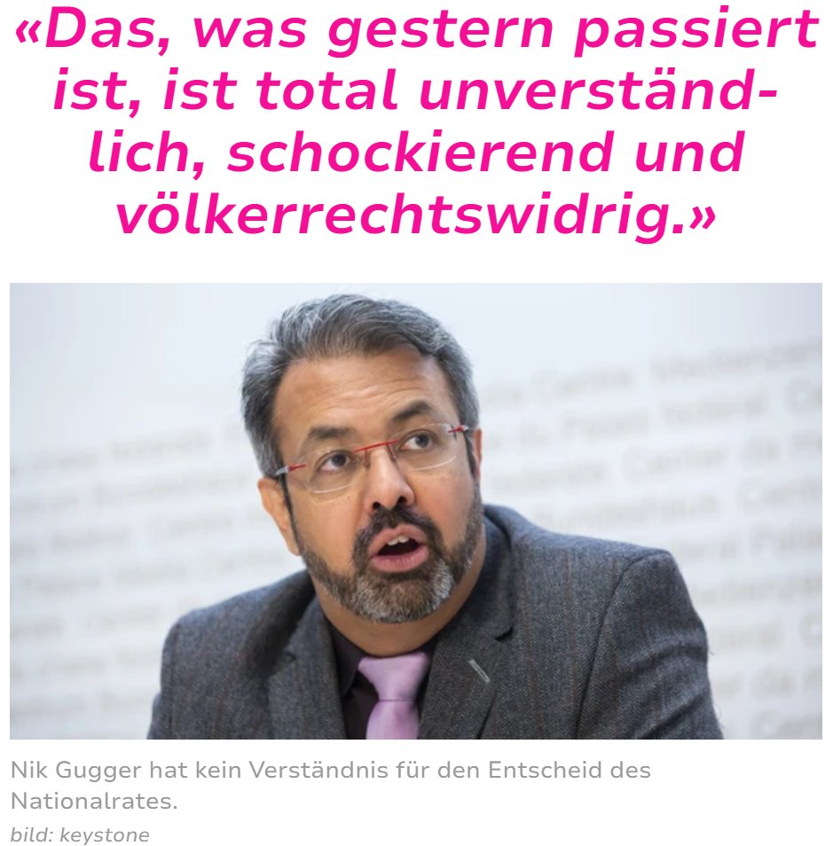 EVP-NR <a href="/NikGugger/">Nik Gugger</a>, langjähriger Aussenpolitiker und Mitglied des Europarates, sagt zu <a href="/watson_news/">watson News</a>:
«Im Moment macht sich die Schweiz unglaubwürdig. Eine Mehrheit des Nationalrats ist sich sehr wohl bewusst, dass hier eine rote Linie überschritten wurde.»
watson.ch/schweiz/gesell…