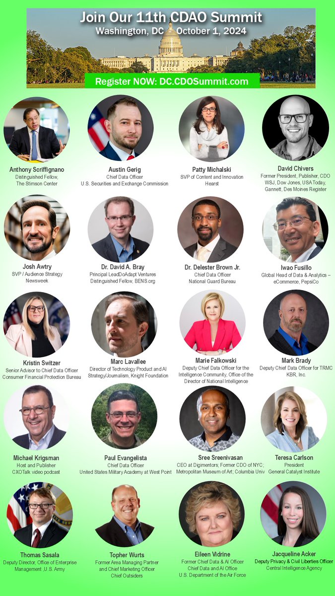 A warm welcome to NEW Data and AI speakers from The White House, U.S. NAVY, Hearst, Newsweek, NASA and more to the upcoming CDAO and Chief AI Officer Summits on Oct 1-2, 2024!

☆ Olivia Zhu: Assistant Director for AI Policy, The White House
☆ Randal Cole: Chief Data and AI