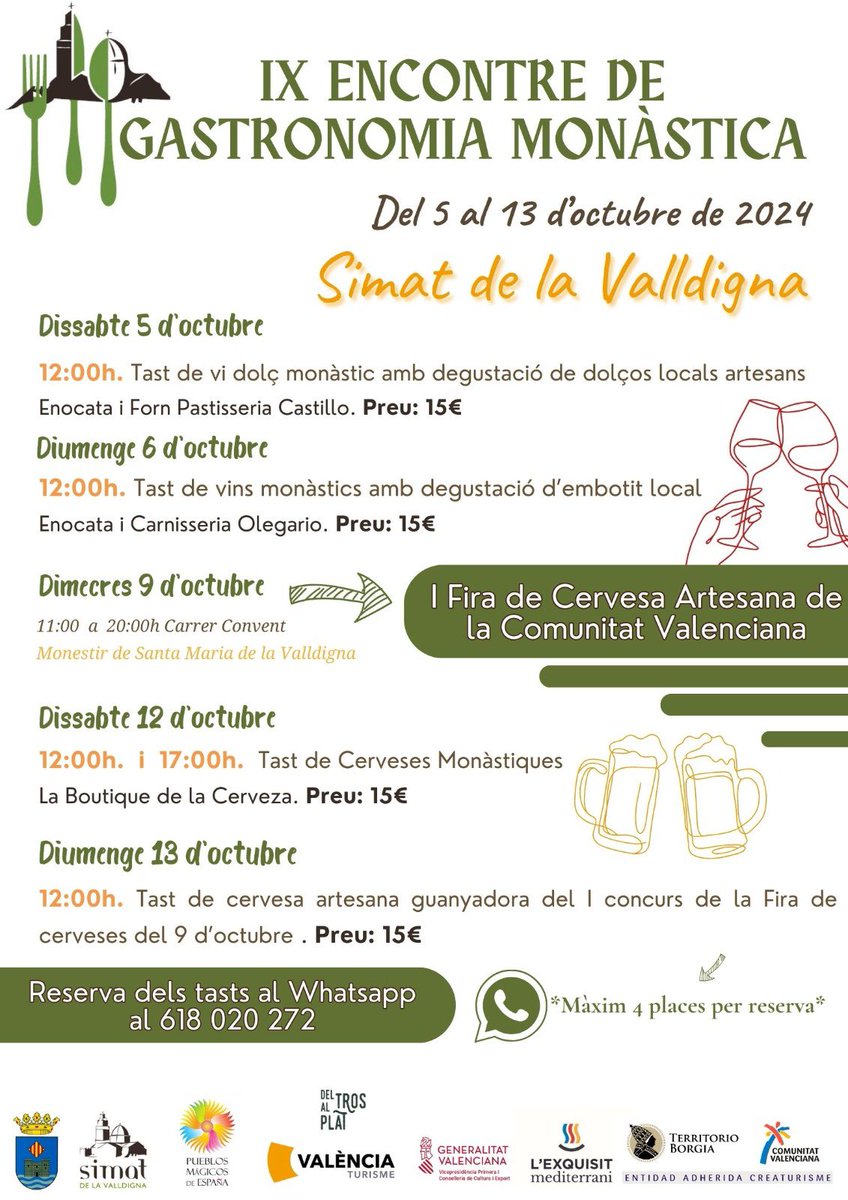 TurismeSimat's tweet image. 🍻Programa del IX Encontre de Gastronomia Monàstica
📲Reserves enviant un missatge de whatsapp al 618020272 amb el nom, les places (màxim 4 per reserva) i l'activitat que voleu reservar. @valenciaturisme @c_valenciana