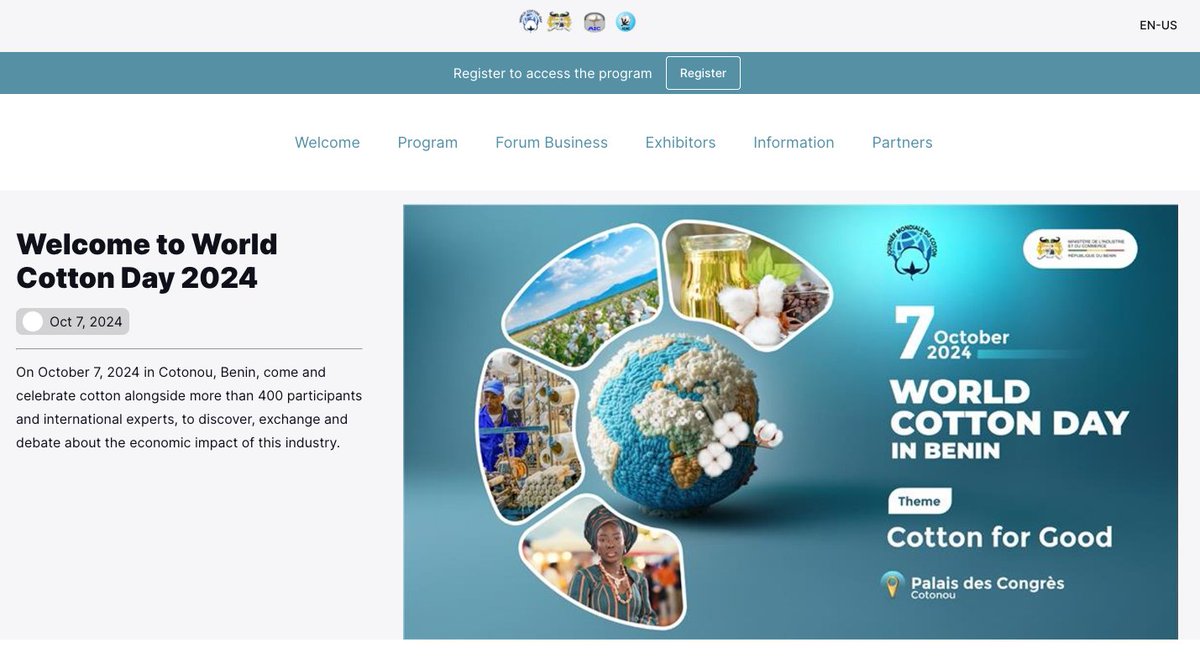 ICAC_cotton's tweet photo. World Cotton Day is rapidly approaching! 

The ICAC and its partners — @FAO, @ITCnews, @UNIDO, @UNCTAD, @wto, and @iaeaorg — will be assisting the Government of Benin with the activities on October 7, but people can attend virtually, too: 

Register: 
https://t.co/hT5FTndr64 https://t.co/I4LrafS25N