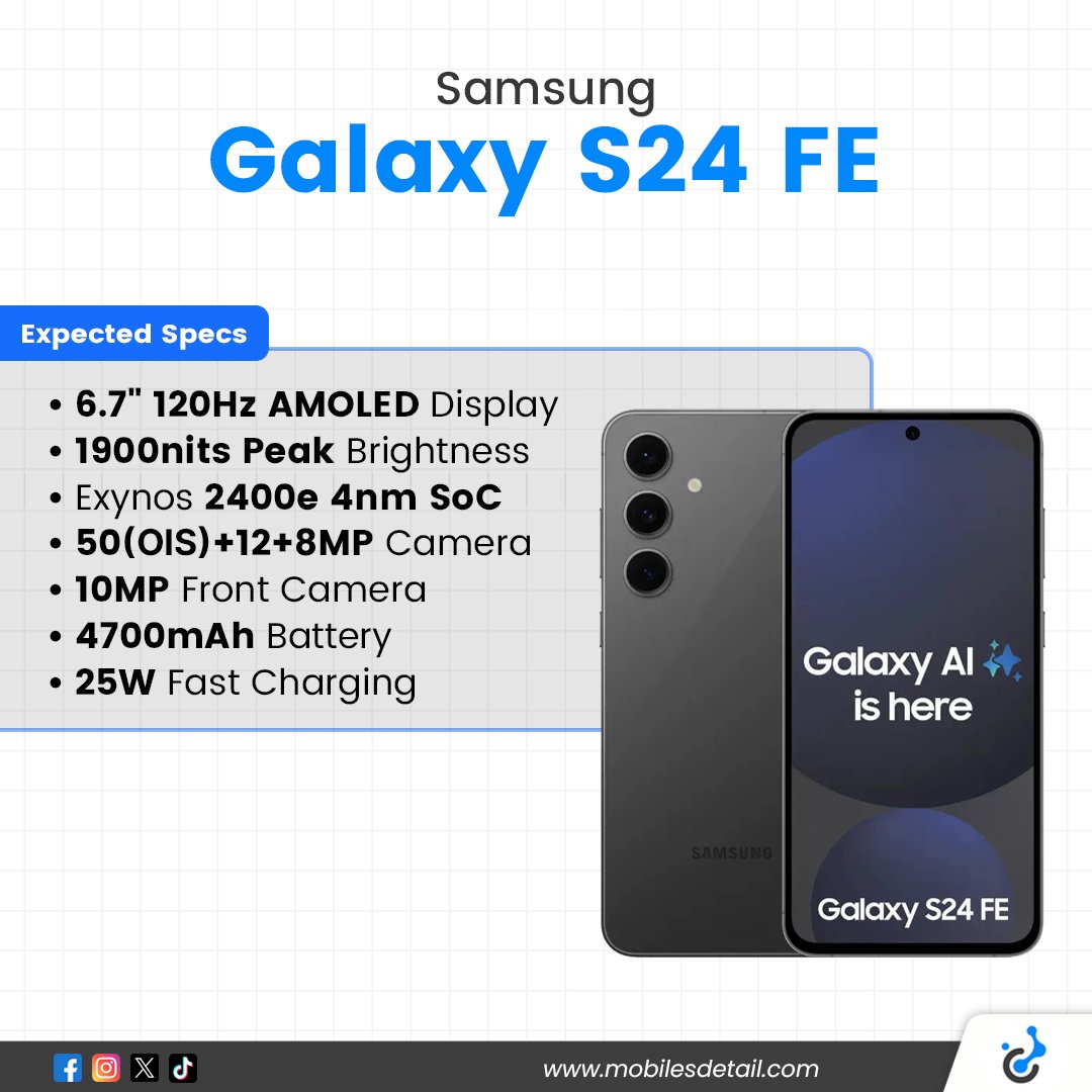 mobilesdetail's tweet photo. Samsung is expected to launch Galaxy S24 FE on September 26th. Guess the price?
#Samsung #GalaxyS24FE #Upcoming #GalaxyS24FE5G #GalaxyFE #Upcoming #mobilesdetail https://t.co/KHgVffBtOL