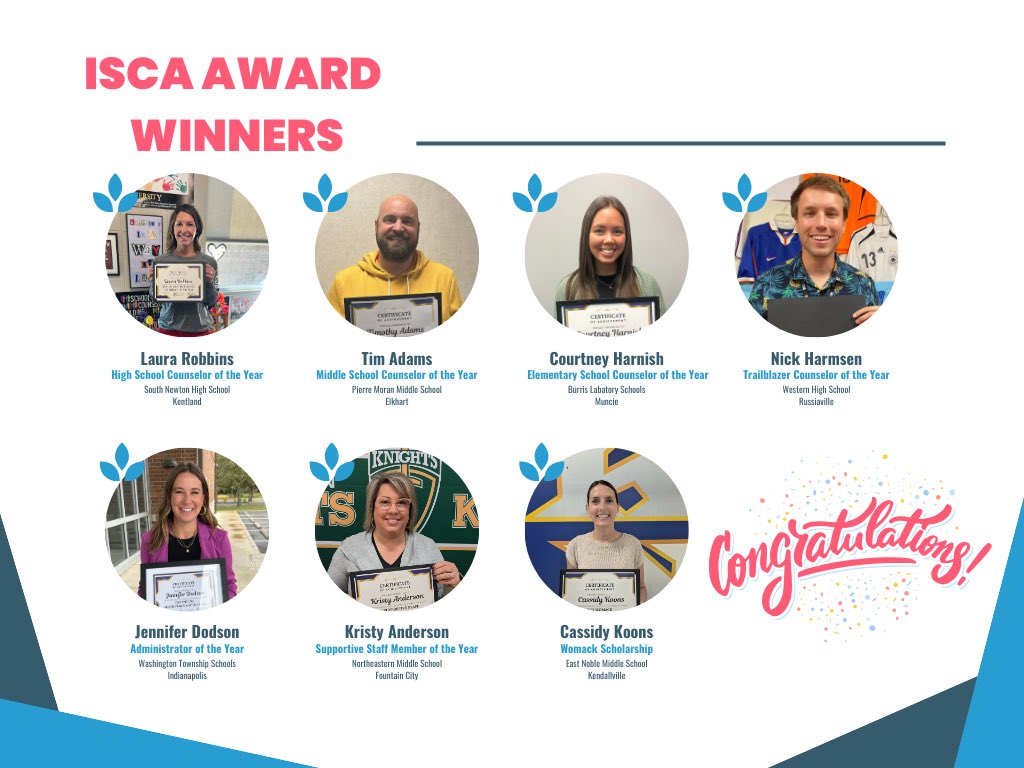 Please join us in congratulating the ISCA Award Winners for School Counselor of the Year, Trailblazer of the Year, Administrator of the Year, Supportive Staff Member of the Year &amp; the Womack Scholarship Winner! We hope to see you in November at conference to celebrate!