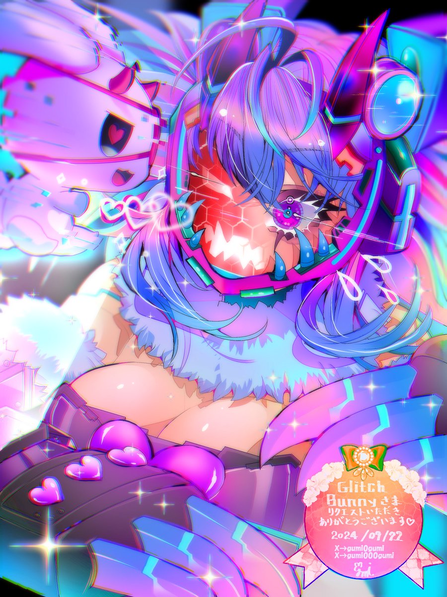 Virus is my little mischievous bunny who likes to corrupt me. The red mask means virus is in my head.. What is that little punk up to! 
(MY BIRTHDAY IS 10/01 ! 💜) 
Art by: <a href="/gumi0gumi/">gumiravi</a> 
#vtuber #vtubersupportbeam