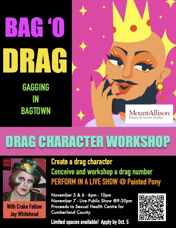 Jay Whitehead, MtA's Crake Fellow for the Drama Studies Program, is offering a Drag Character Workshop to conceive and workshop a drag number, then perform in a live show -- apply to participate by Oct 5th at signupgenius.com/go/10C0849A5A9…