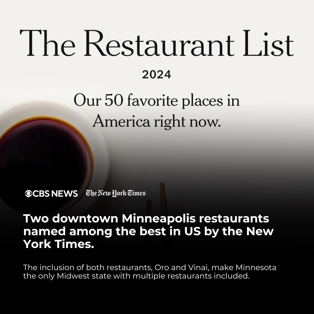Congratulations are in order for <a href="/vinaimn/">Vinai Hmong Kitchen</a> and Oro by Nixta for their inclusion on the <a href="/nytimes/">The New York Times</a> Restaurant List 2024!

Read more about their achievements here: cbsnews.com/minnesota/news…

#onlyinmn