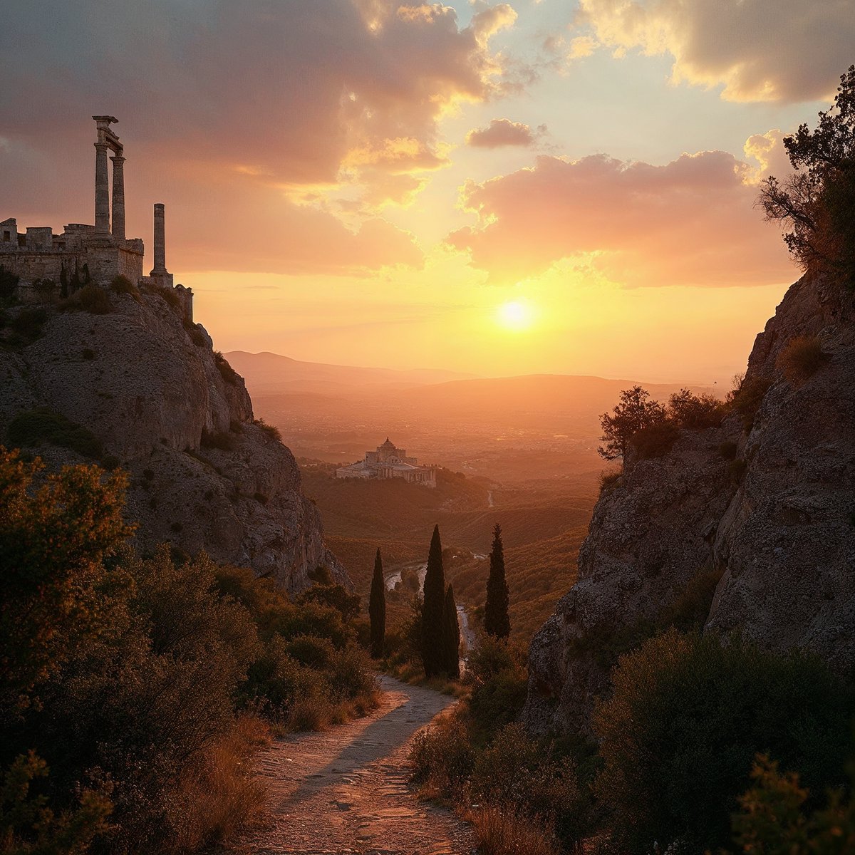 PromptSin's tweet image. Golden hour casting its magic over ancient ruins and a distant temple. A timeless scene where history and nature meet. #SunsetViews #AncientRuins #GoldenHour #TravelPhotography #AIArt #MediterraneanEscape