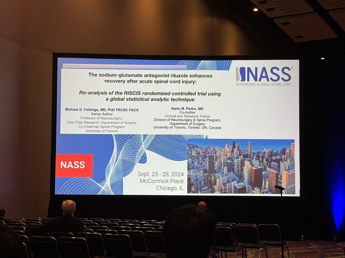 Michael G. Fehlings (@drfehlings) on Twitter photo Our team member Karlo Pedro presenting at NASS on our RISCIS trial. Exciting results showing a positive effect of riluzole on outcomes after acute cervical SCI using a Global Statistical test that combines motor scores, functional outcomes and assessment of health related QoL. Our team member Karlo Pedro presenting at NASS on our RISCIS trial. Exciting results showing a positive effect of riluzole on outcomes after acute cervical SCI using a Global Statistical test that combines motor scores, functional outcomes and assessment of health related QoL.