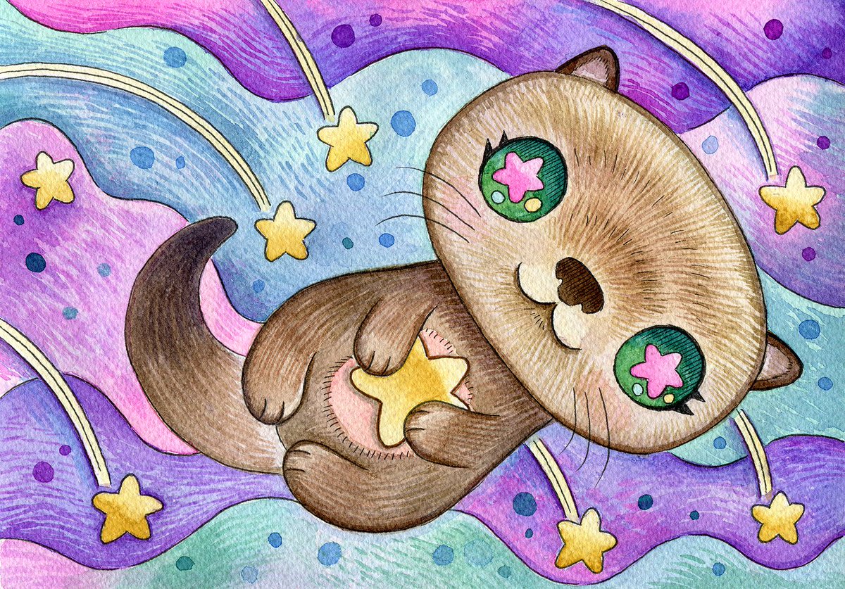 How is your day? Start it off with this sea otter catching shooting stars. This original watercolor painting is up for grabs in my shop.

smallandround.com/products/shoot…