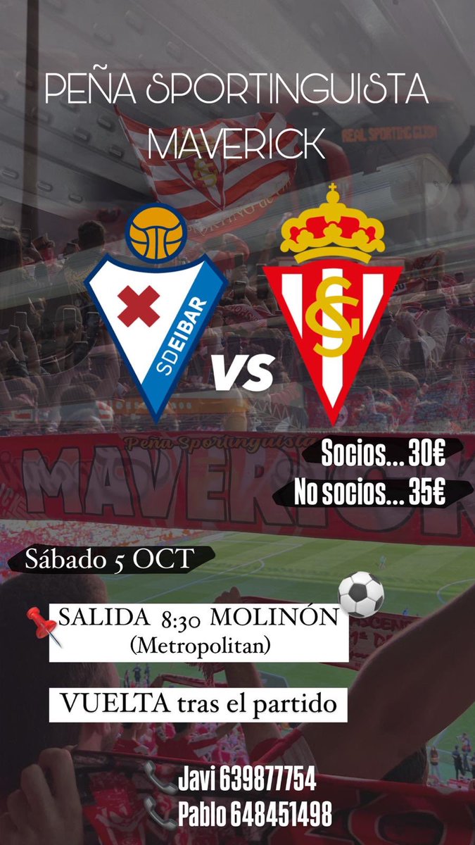 ‼️Información del viaje a Eibar‼️

🚌 8:30 Molinón
🔙 Tras el partido 

💶 30 euros socios
💶 35 euros no socios 

Más info MD o WhatsApp