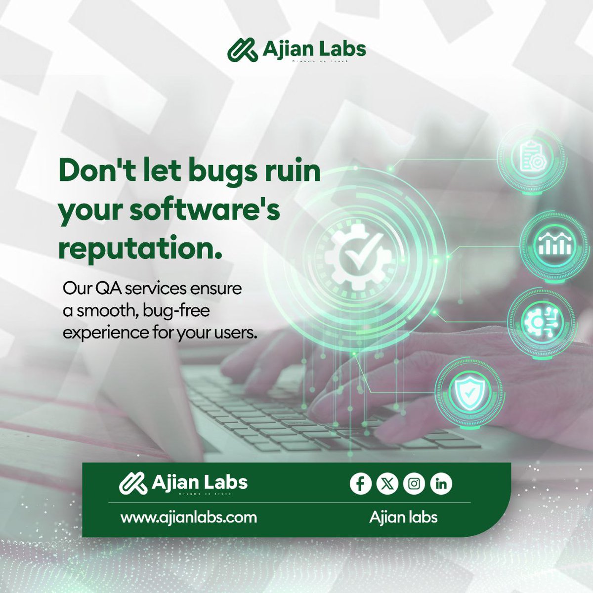 ajianlabs's tweet image. Our QA services ensure a smooth, bug free experience for your users. Let&apos;s work together to build a better product. #QA #softwaredevelopment #qualitymatters