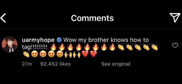 impactjeons's tweet photo. remember when hobi commented this bcz seokjin tagged him on instagram for the first time 😭 https://t.co/BHvf7SBhbz