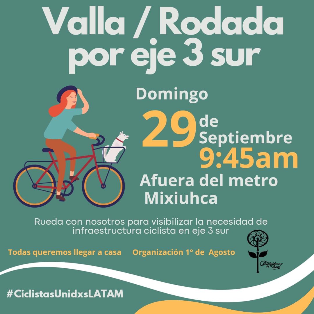 Ya es en 4 días esto. Hoy es miércoles y esto es el domingo. 

Miren: el "movimiento" ciclista está conformado por personas DE MÚLTIPLES ideologías y de muy diferentes orígenes comunitarios. Lo que nos une es una cosa muy simple: no queremos morir arrollados. Queremos rodar.