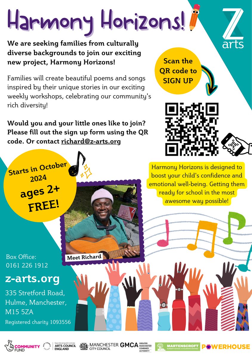 Z-arts (@z_arts_mcr) on Twitter photo We are seeking families from culturally diverse backgrounds to join our exciting new project, Harmony Horizons! 🎶
Would you and your little ones like to join? Please fill out the sign-up form here: bit.ly/HarmonyHorizons
Or contact richard@z-arts.org
z-arts.org/events/harmony… We are seeking families from culturally diverse backgrounds to join our exciting new project, Harmony Horizons! 🎶
Would you and your little ones like to join? Please fill out the sign-up form here: bit.ly/HarmonyHorizons
Or contact richard@z-arts.org
z-arts.org/events/harmony…