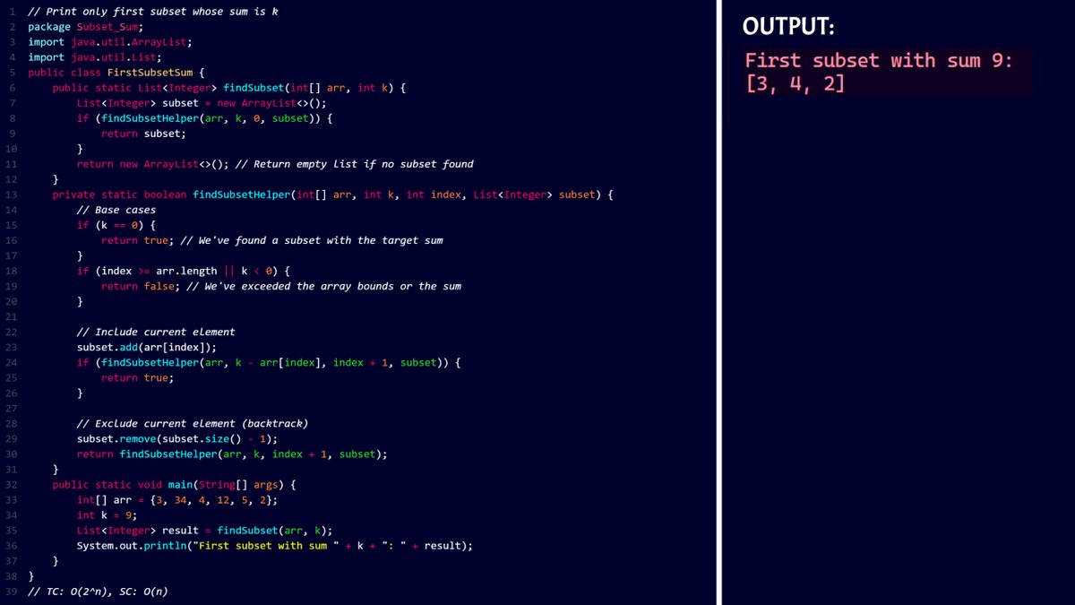 45NitinVerma's tweet photo. 🔍 Find First Subset with a Given Sum in Java!
@striver_79 
Using recursion and backtracking to print only the first subset whose sum matches the target value.

Efficient and simple!

#Java #SubsetSum #Recursion #Backtracking #DSA #Coding #algorithms https://t.co/biSN2NuXLR