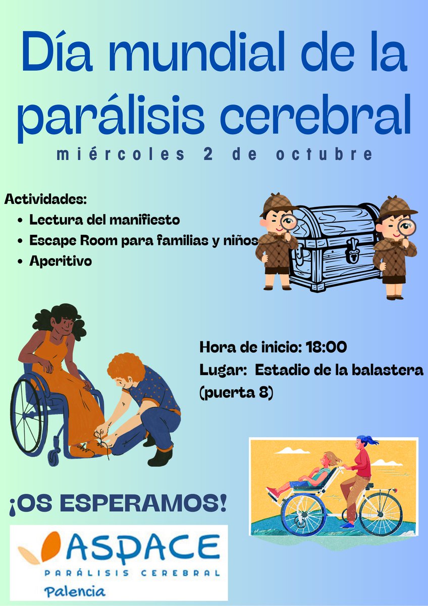 ¡Este 2 de octubre celebramos el Día Mundial de la Parálisis Cerebral en el Estadio de la Balastera! 
🕕18:00h📜Lectura del manifiesto🥂 Aperitivo🔐 Escape Room interactivo para todas las edades
¡Te esperamos!#DiaMundialDeLaParalisisCerebral #EnvejecerDecidirVivir #ASPACEPalencia