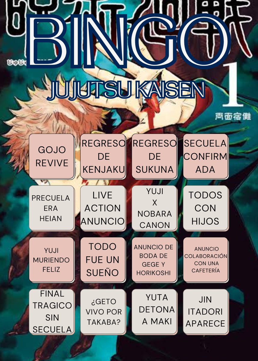 Ya hasta hice mi propio bingo de las cosas que podrían pasar para el final de Jujutsu Kaisen.

A ver cuantas terminan acertando.