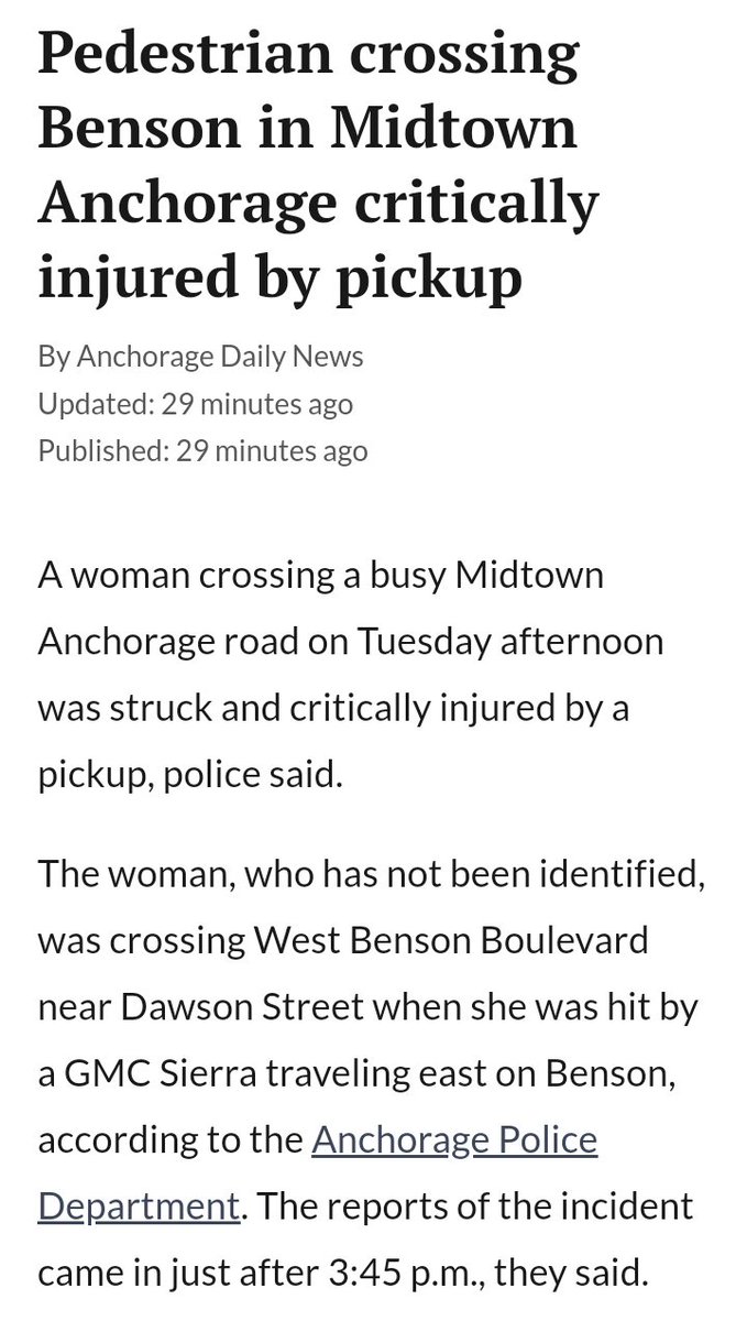 BikeAnchorage's tweet photo. And another yesterday with life-threatening injuries. Are we ready to stop this yet? Traffic fatalities are not inevitable, and there's plenty of information out there on how to prevent them (per the actions we list above). https://t.co/CZYGmEd0sI