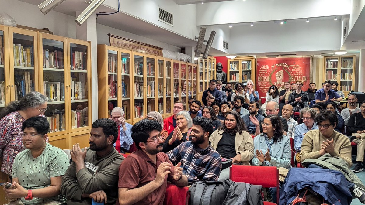 yclbritain's tweet photo. On Monday night, members of the CPB and the YCL attended the memorial of Sitaram Yechury, legendary parliamentarian and leader of the Communist Party of India (Marxist), at the Marx Memorial Library.

Afterwards the League hosted a joint public discussion between London YCL comrades and Mayukh Biswas and Nikhil Mathew, respectively the General Secretary and the UK secretary of the Student Federation of India, a progressive students organisation with over 4 million members worldwide.

The comrades discussed the political situation in India, the issues faced by Indian students in Britain today, and how our two organisations might collaborate further in our shared struggle against capitalism and US imperialism.

The GS commended the YCL and the Party for our continued work in solidarity with the Palestinian people, and the meeting was concluded with a declaration of joint commitment to the SFI's slogan of Independence, Democracy and Socialism!🚩💪