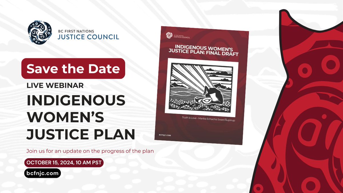Tuesday, October 15th @ 10am PST

Indigenous Women’s Justice Plan: Progress Update – Live Webinar

For more information on how to join us and to RSVP: bit.ly/3XG8Aqp

#IndigenousWomenGirlsTwoSpiritPlus #IndigenousWomensJustice #IWJP #Indigenous #MMIWG #BCFNJC #Webinar