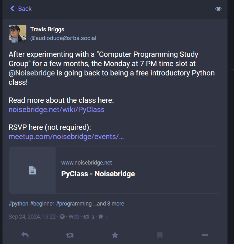noisebridge's tweet photo. Hey you! Pick up on Python before the year 2024 runs out! Every Monday @ 7pm with Noisebridge's best. 

#flex
#bucketlist #Python #MondayVibes #SanFrancisco #beginnersguide #project #goals https://t.co/38s76af23d