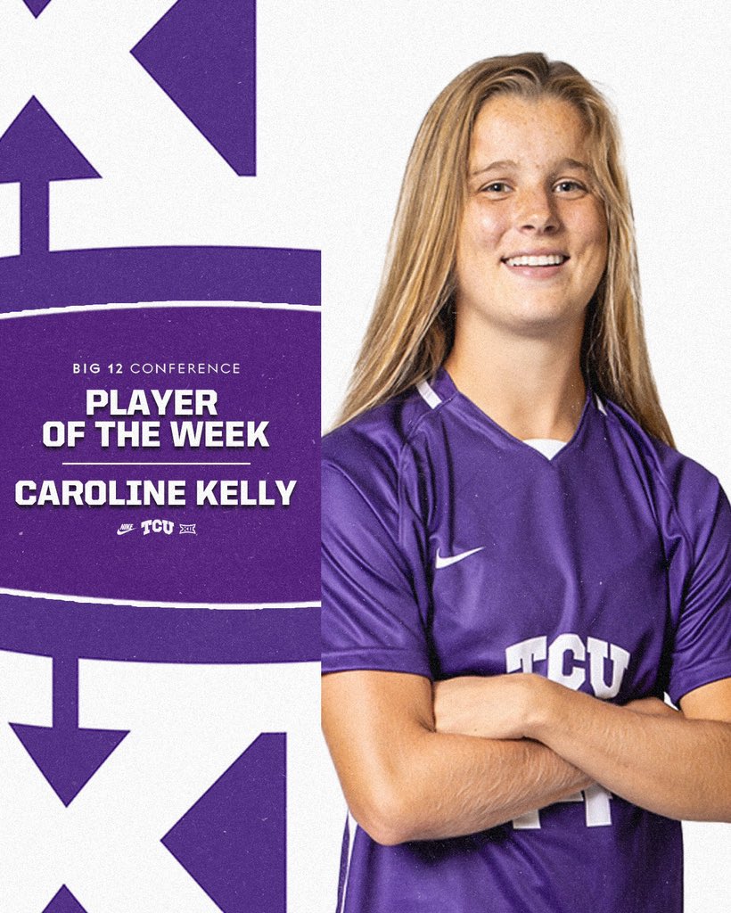 TCUSoccer's tweet photo. 3️⃣ goals. 2️⃣ game-winners. 
Caroline Kelly is the Big 12 Player of the Week! 

#GoFrogs | #FIGHT https://t.co/t2SIBTIXET