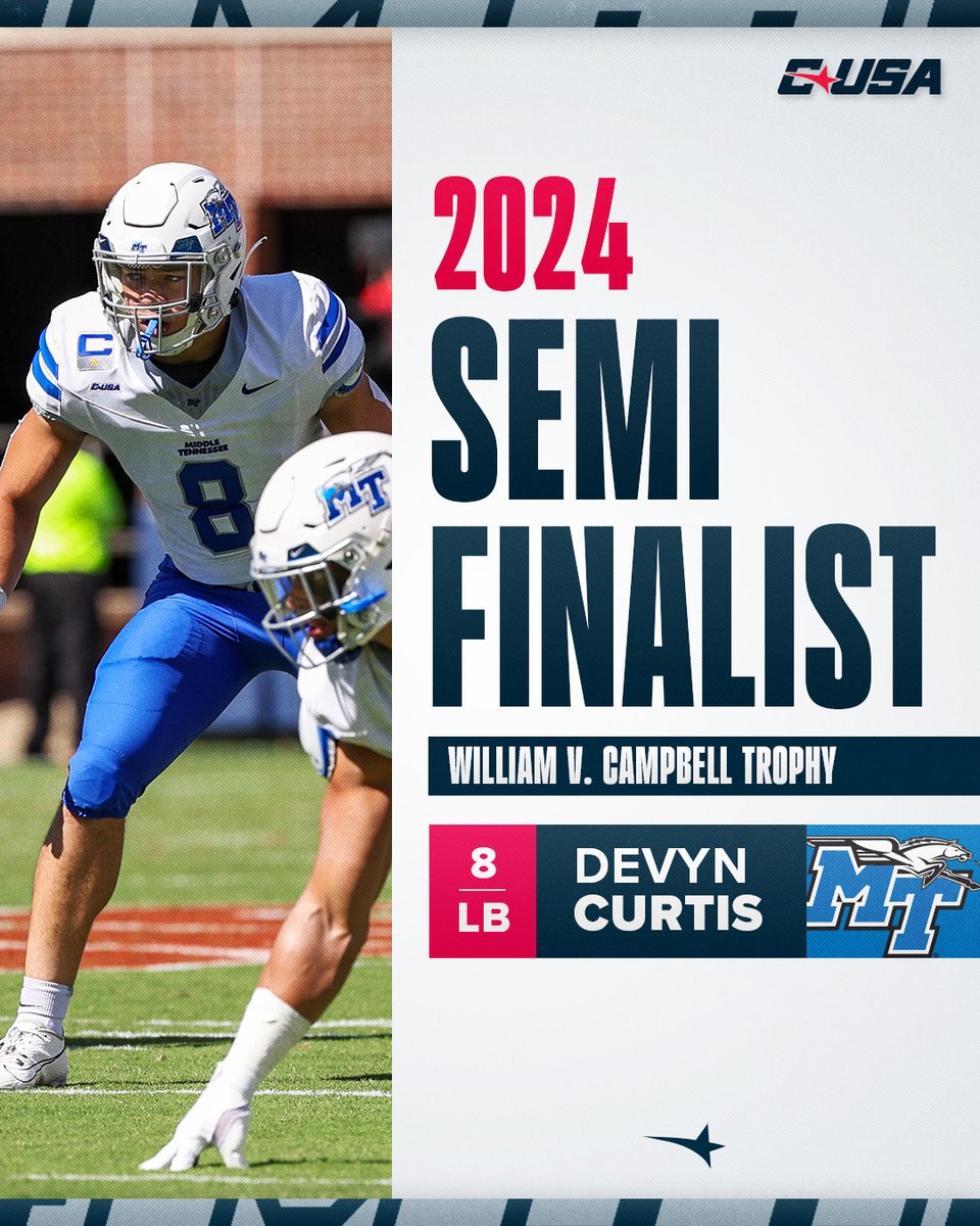 Conference USA (@conferenceusa) on Twitter photo 🏈 CAMPBELL TROPHY SEMIFINALIST 🏈
Devyn Curtis, <a href="/MT_FB/">Middle Tennessee Football</a>
#NoHayLimites | bit.ly/3XYrFp6 🏈 CAMPBELL TROPHY SEMIFINALIST 🏈
Devyn Curtis, <a href="/MT_FB/">Middle Tennessee Football</a>
#NoHayLimites | bit.ly/3XYrFp6