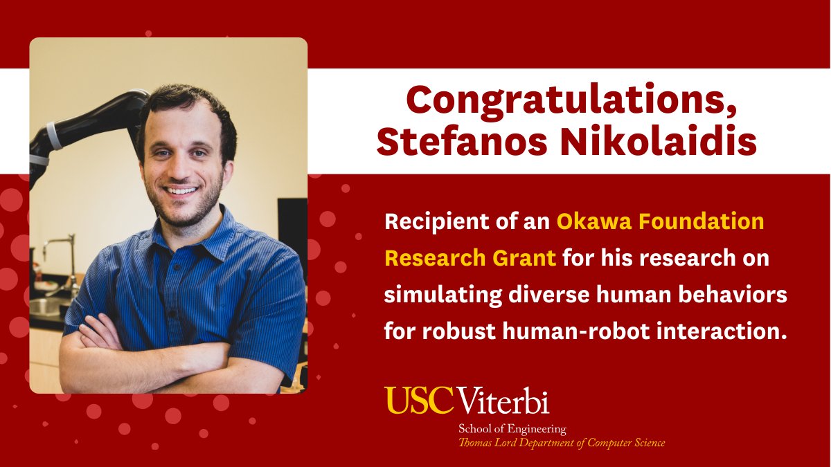 CSatUSC's tweet photo. Congratulations, @snikolaidis19, who has been awarded a prestigious @OkawaFoundation Research Grant for his groundbreaking research in human-robot interaction 👏 

https://t.co/etzmHn34w7 

@USCViterbi @USCAdvComputing @gauravsukhatme https://t.co/mtGBqFWe0t