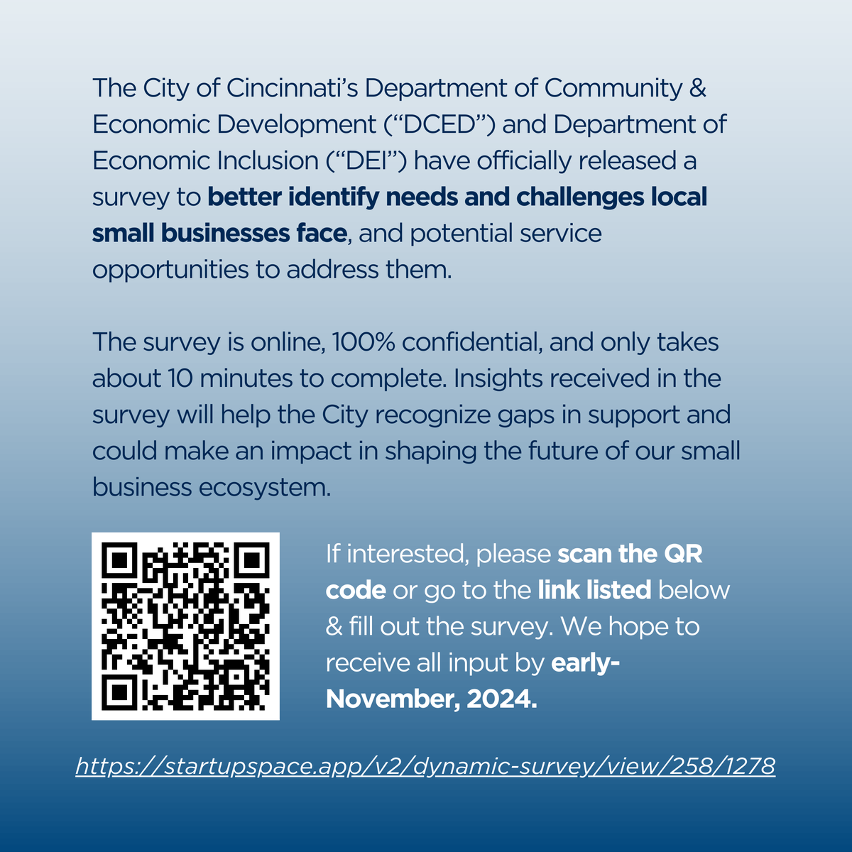 Insights received in the survey will help the City recognize gaps in support and could make an impact in shaping the future of our small business ecosystem ✅

If interested, scan the QR code or go to the link listed below &amp; fill out the survey:
startupspace.app/v2/dynamic-sur…