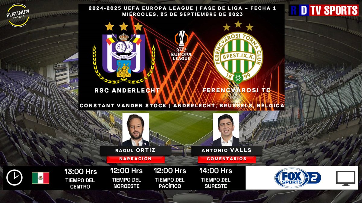 ramonovic09's tweet photo. #UEL 2024-2025 #FaseDeLiga #Fecha1 | @rscanderlecht ๐ @Fradi_HU
๐ง๐ช #Anderlecht ๐ญ๐บ #Ferencvรกros
๐๏ธ Hoy
๐ฒ๐ฝ โฐ 13:00 Hrs TC, 12:00 Hrs TP
๐บ @FOXSportsMX 2
๐ค @RaoulPolloOrtiz
๐ค๐ @TonyVallsFox
๐คณ๐ผ #UELxFSMX #RSCAFER https://t.co/F4KLjXqEC7