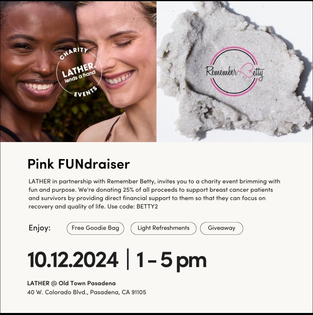 Come join Team Betty LA at our next event with LATHER. They will be donating 25% of your purchase to raise money for Remember Betty.  If you cannot attend our event go onto lather.com to order and use the code BETTY2. 
#teambetty💗 #rememberbetty💗 #lather