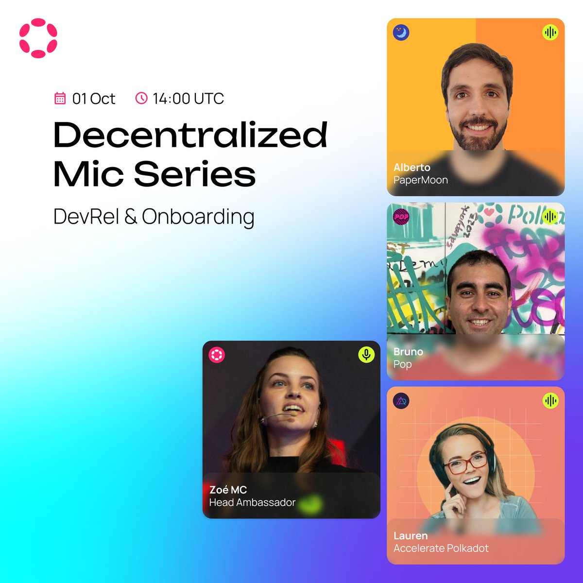 Polkadot's tweet photo. 🎙️✨ Decentralized Mic Series is back! Tune in for episode 3: DevRel and Onboarding, next week!
Say hello and get to know DF grantees @PaperMoonIO, @onpopio, and @AcceleratePolka dedicated to helping devs + onboarding new teams on Polkadot!
1/ https://t.co/QIBHlRaxri