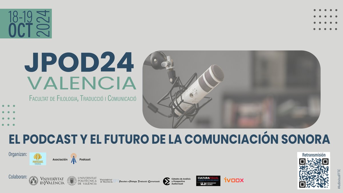 Abierto el CFP hasta el 11/10 para enviar comunicaciones a las jornadas híbridas JPOD24 “El pódcast y el futuro de la comunicación sonora”.
Universitat de València, 18-19/10/24
incom.uab.cat/portalcom/cong…