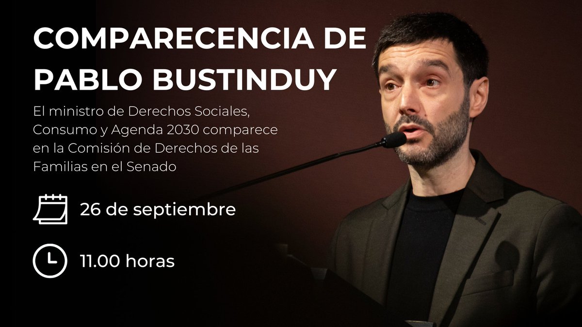 Ministerio de Derechos Sociales, Consumo y A2030 (@msocialgob) on Twitter photo 🏛️ El ministro <a href="/pbustinduy/">Pablo Bustinduy</a> comparece en el <a href="/Senadoesp/">Senado de España</a> en la Comisión de Derechos de las Familias.
⏰ A partir de las 11.00h
🔴 Síguelo en directo: youtube.com/watch?v=9cmX-3… 🏛️ El ministro <a href="/pbustinduy/">Pablo Bustinduy</a> comparece en el <a href="/Senadoesp/">Senado de España</a> en la Comisión de Derechos de las Familias.
⏰ A partir de las 11.00h
🔴 Síguelo en directo: youtube.com/watch?v=9cmX-3…