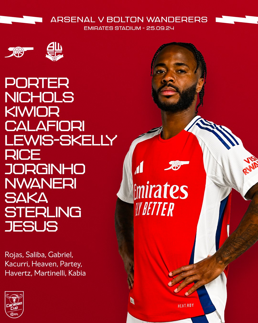 Starting XI: Porter, Nichols, Kiwior, Calafiori, Lewis-Skelly, Rice, Jorginho, Nwaneri, Saka, Sterling, Jesus

Substitutes: Rojas, Saliba, Gabriel,  Kacurri, Heaven, Partey, Havertz, Martinelli, Kabia