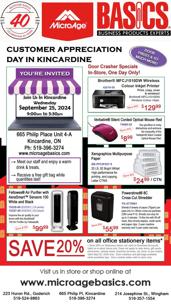 MicroageG's tweet image. Customer Appreciation Day in Kincardine Sept 25, 2024.  See us in-store at MicroAge Basics for a gift bag, great door prizes, draws, door crasher specials, hot drinks, and treats. Remember MicroAge Basics 665 Philip Place, Kincardine.  #microagebasics #prizes #sales #stationery