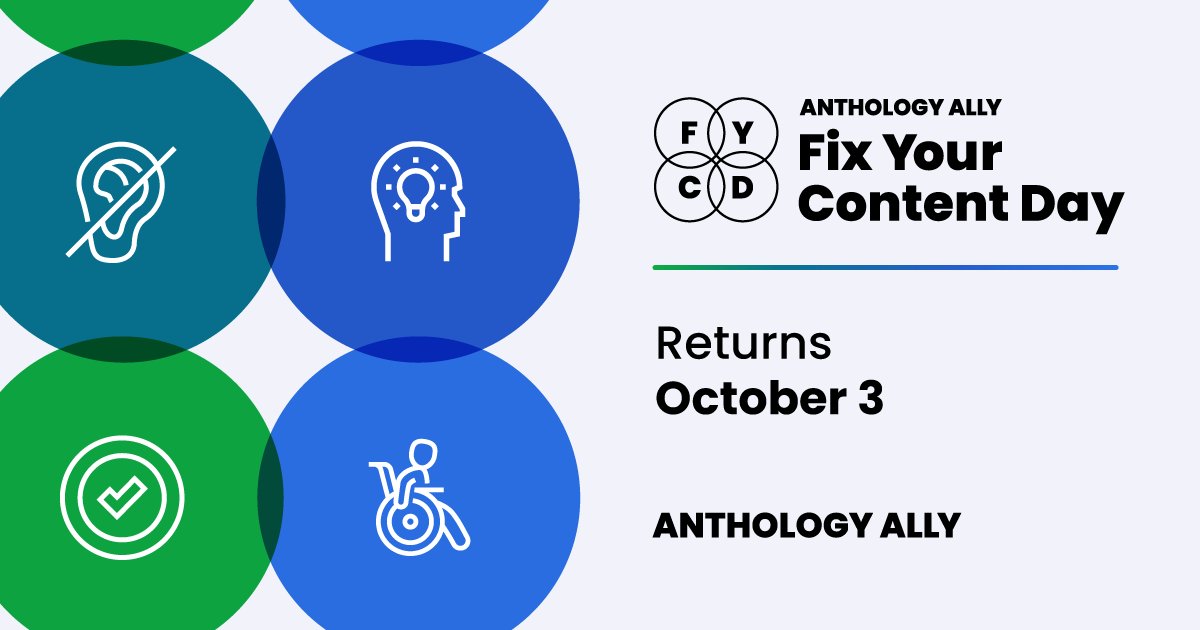 AnthologyInc's tweet image. Are you up for the challenge? Each year, the 24-hour #FixYourContent Day gives you the chance to compete with institutions around the world towards a common goal—to make digital files more accessible using Anthology Ally. Register today: ow.ly/9aLF50Tvbg4

#FYCD24