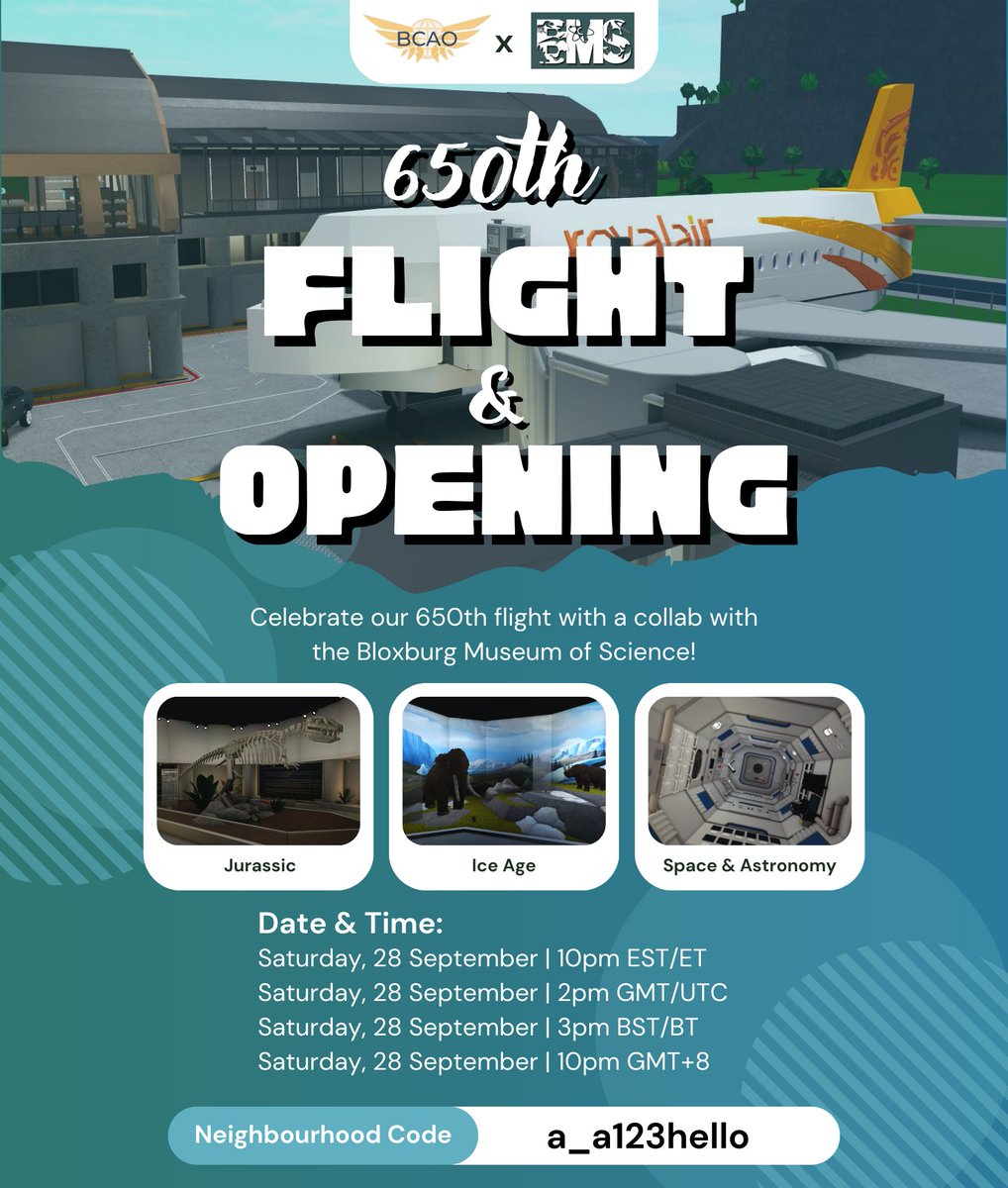 We are honoured to have <a href="/genardrblx/">Genard🇵🇭</a>'s Bloxburg Museum of Science join us on our 650th flight! We will visit the museum after the flight.

Featuring:
~ Cebu - Manila
~ Royal Air Philippines Airbus a320-200

See you!

#bloxburg <a href="/heybloxburg/">Welcome to Bloxburg</a> <a href="/FroggyHopz_RBLX/">FroggyHopz</a> <a href="/BramPeee/">BramP</a> <a href="/lilmahri/">Mahri</a>