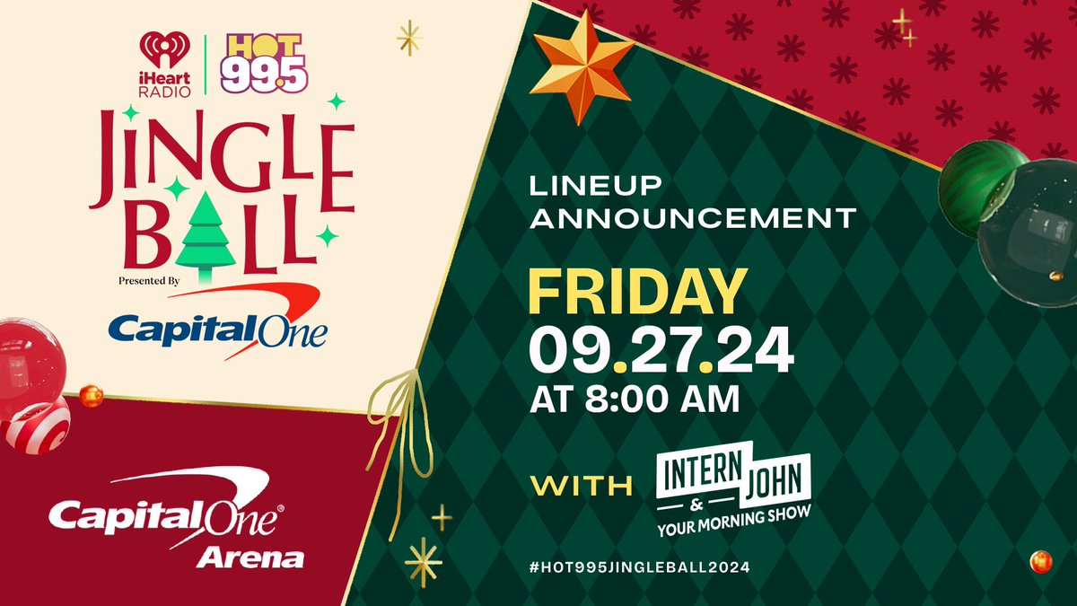 hot995's tweet image. 🎄The bells are faint but coming in HOT!🔥Ringing in Jingle Ball 2024!!🎶

Find out who’s in our 2024 HOT 99.5 Jingle Ball Lineup with @YMSRadio at 8 AM on Friday, 9/27!

Listen: 📲: HOT 99.5 on the #iHeartRadioApp🎧: hot995.com/listen📻: 99.5 FM

Presented by @CapitalOne