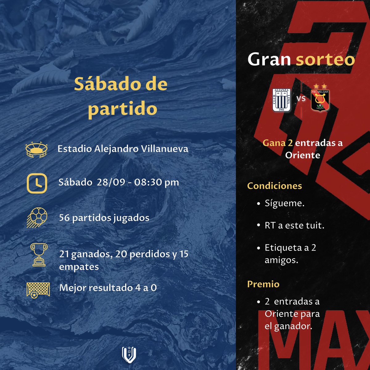 vicalrl's tweet photo. 🎉 ¡SORTEO! 🎟️⚽️ El sábado vamos al estadio, ya en la recta final del torneo y el margen de error es casi nulo. Siempre en las buenas con el club, pero aun más en las malas, ahora nos toca, a nosotros incondicionalmente alentar. Por ello, hago un sorteo de 2 ENTRADAS a Oriente para el encuentro entre Alianza Lima vs FBC Melgar.

Para participar:

1️⃣ Sígueme.
2️⃣ RT de este tuit.
3️⃣ Etiqueta a 2 amigos (as).

¡Mucha suerte! 🍀🎊 
#AlianzaLima
#SorteoVical