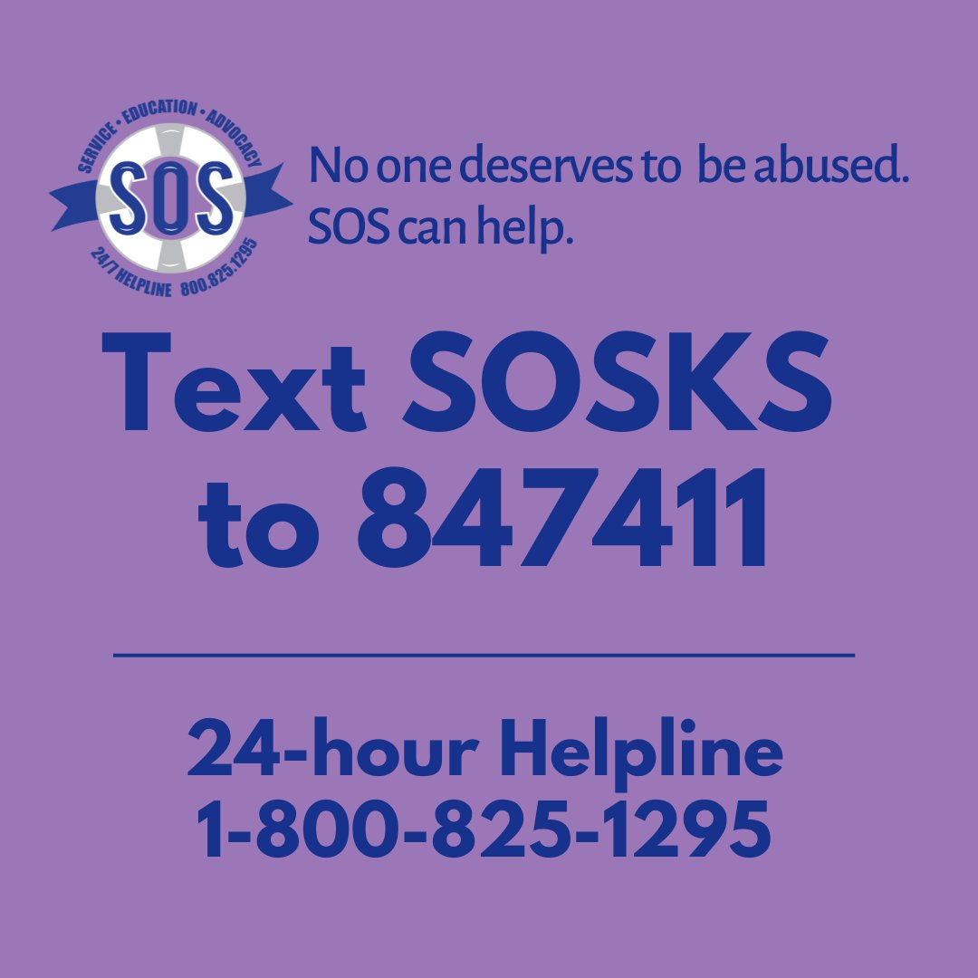 SOSKansas's tweet photo. No one deserves to be abused. SOS can help. 24-hour helpline 1-800-825-1295 or text SOSKS to 847411. Nadie merece ser abusado. SOS le puede ayudar. Línea de ayuda 24 horas 1-800-825-1295 o envía SOSKS al 847411. https://t.co/Rs1vFqTSZF