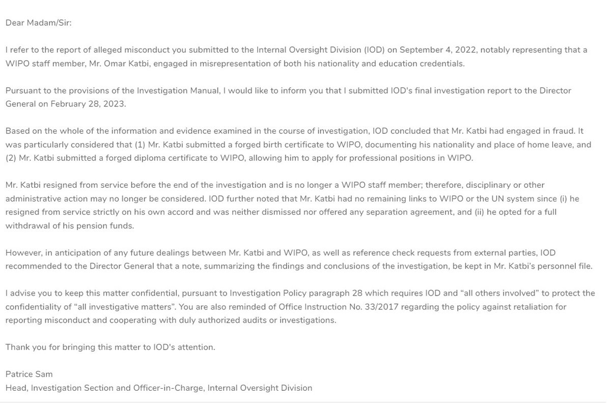 WIPO Whistleblowers (@wipowhistleblow) on Twitter photo WIPO whistleblowers & concerned staff have been asked to share the evidence that <a href="/WIPO/">World Intellectual Property Organization (WIPO)</a> DG Tang's former de facto Chief of Staff Omar Katbi engaged in fraud & corruption. See the Investigation findings here👇 WIPO whistleblowers & concerned staff have been asked to share the evidence that <a href="/WIPO/">World Intellectual Property Organization (WIPO)</a> DG Tang's former de facto Chief of Staff Omar Katbi engaged in fraud & corruption. See the Investigation findings here👇