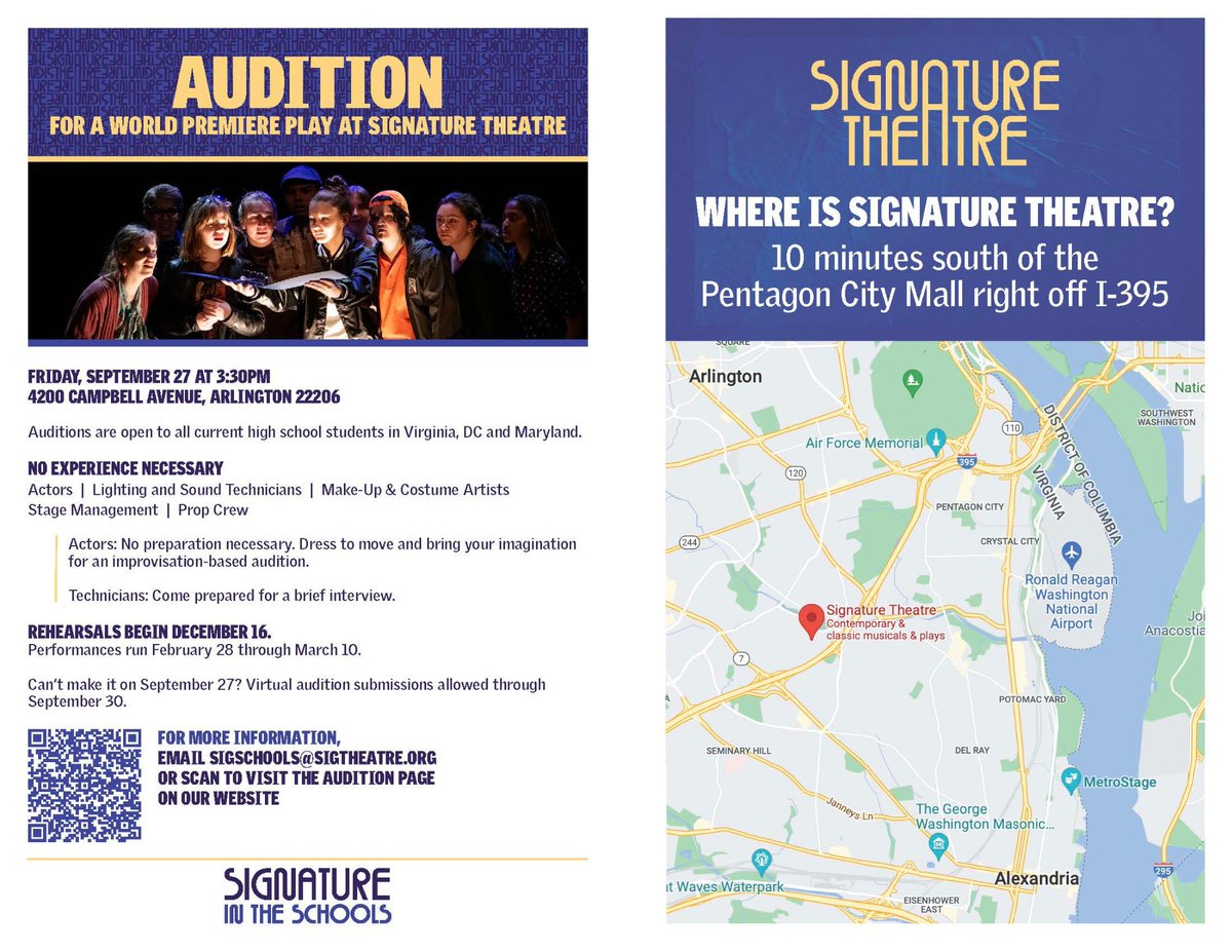 APS Arts Education (@apsarts) on Twitter photo This Friday, September 27 are the auditions to participate in the Signature In The Schools program at Signature Theater in Shirlington. All current high school students may audition, and No Experience is necessary! Scan the QR code for more information
<a href="/APSArts/">APS Arts Education</a> <a href="/sigtheatre/">Signature Theatre</a> This Friday, September 27 are the auditions to participate in the Signature In The Schools program at Signature Theater in Shirlington. All current high school students may audition, and No Experience is necessary! Scan the QR code for more information
<a href="/APSArts/">APS Arts Education</a> <a href="/sigtheatre/">Signature Theatre</a>
