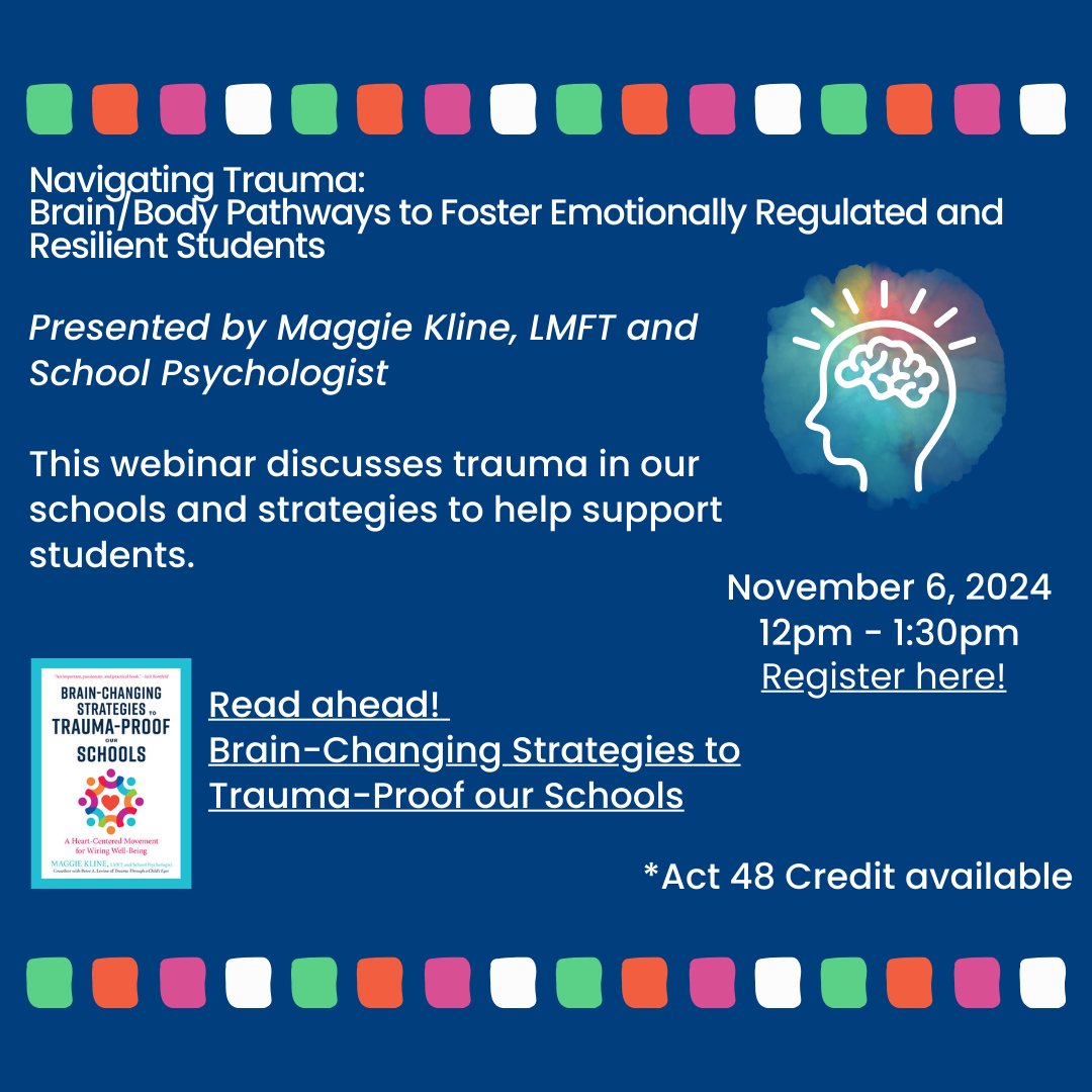 Join Maggie Kline, LMFT, SEP, on November 6 for this webinar which will discuss trauma in our schools and #traumainformed strategies to help support students! Read her book on Trauma-Proofing our Schools beforehand at maggiekline.com/books
Register at: pattan.net/Events/Webinar…