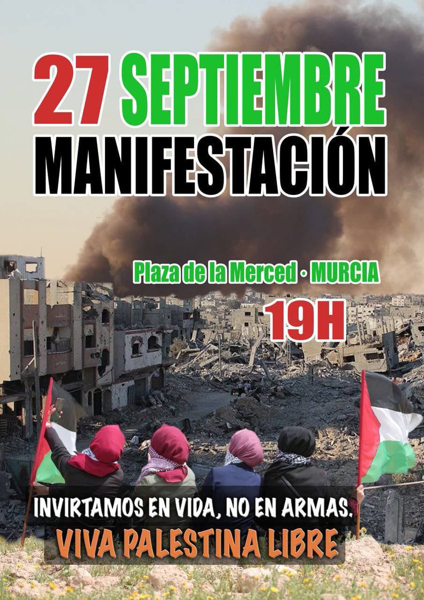 En la Universidad de Murcia también nos sumamos a la huelga general por Palestina de este viernes 27 de septiembre.

Organízate con tus compañeros y compañeras. Informa a tu docente o compañeros de departamento. ¡Paremos el genocidio! ¡Palestina vencerá! 🇵🇸