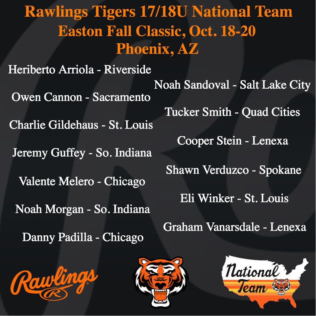2024 Fall Upper Class National Team Roster

<a href="/stltigers/">St. Louis Rawlings Tigers</a> 
<a href="/RecruitTigers/">Rawlings Tigers National Recruiting</a> 
<a href="/NationalTigers/">Rawlings Tigers National Team Program</a>